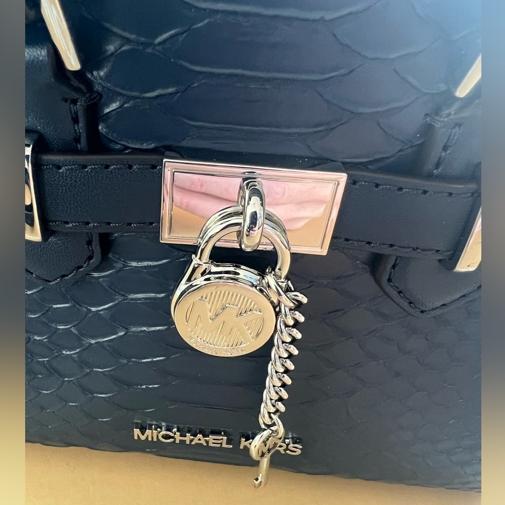 Michael Kors Hamilton Snake embossed Leather Satchel Crossbody bag Navy … - Picture 6 of 10